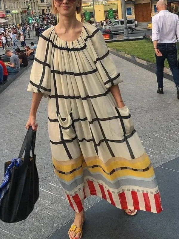 Casual Round Neck 3/4 Sleeve Loose Plaid Maxi Dress Fashionable Chiffon Tiered Maxi Dress