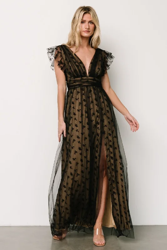 Caterina Tulle Maxi Dress | Black + Nude Trendy Satin Maxi Dress
