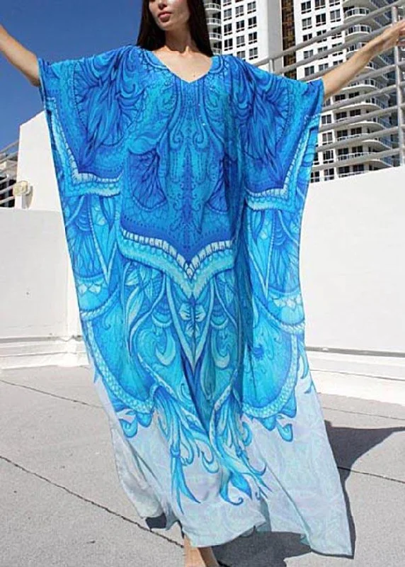 Chic Blue Print kimono robe Maxi Dresses  Cotton Dress Elegant Pleated Maxi Dress