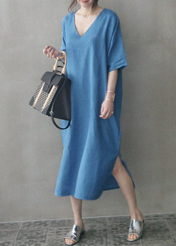 Chic Blue V Neck Patchwork Side Open Linen Maxi Dress Summer Fashionable Printed Maxi Dress