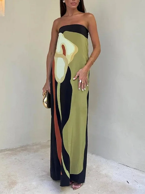 Contrast Sleeveless Off Charming Shoulder Printed Maxi Dress Classic A-Line Maxi Dress Contrast Sleeveless Off Charming Shoulder Printed Maxi Dress Classic A-Line Maxi Dress