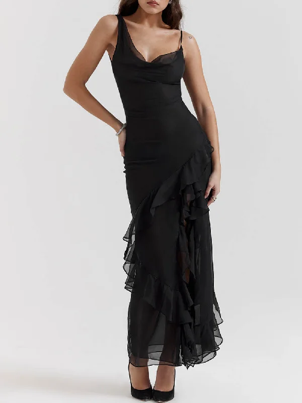 Black Ruffle Stylish Maxi Dress Fashionable Chiffon Tiered Maxi Dress