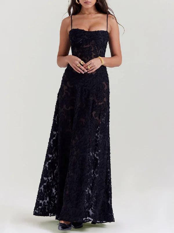 Black Floral Lace Charming Back Maxi Dress Comfortable Ruffle Hem Maxi Dress