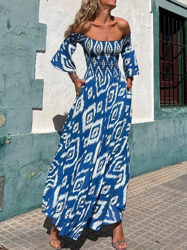 Vacation Ethnic Print Smocked Graceful Off Shoulder Pocketed Maxi Dress Fashionable Maxi Dress with Fringe
