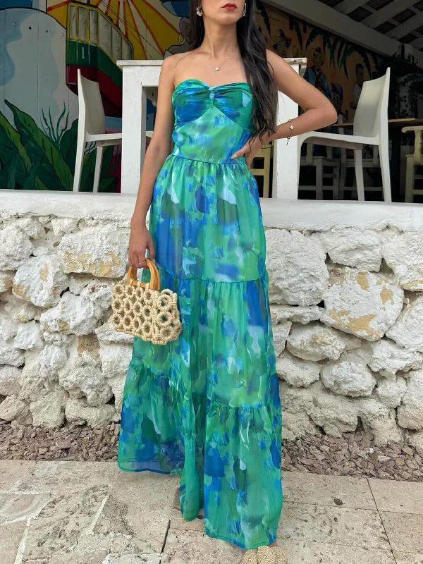 Vacation Casual Printed Charming Wrap-Around Maxi Dress Cozy Cold-Shoulder Maxi Dress