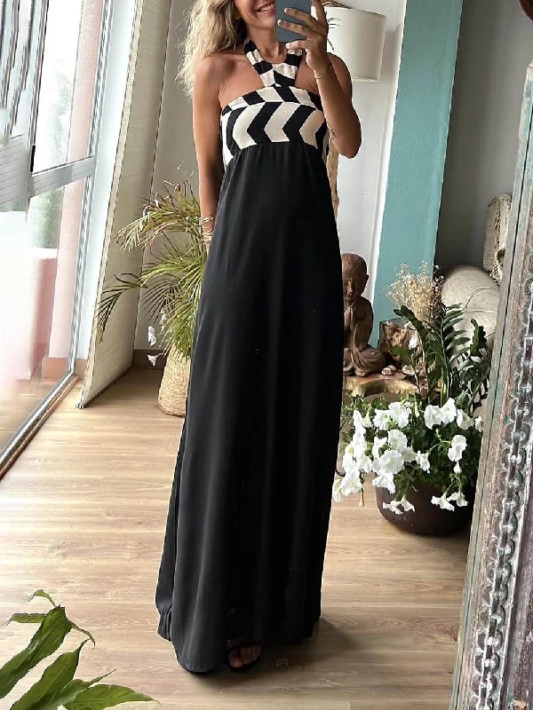 Unique Striped Print Charming Loose Halterneck Maxi Dress Elegant Maxi Dress with Pockets