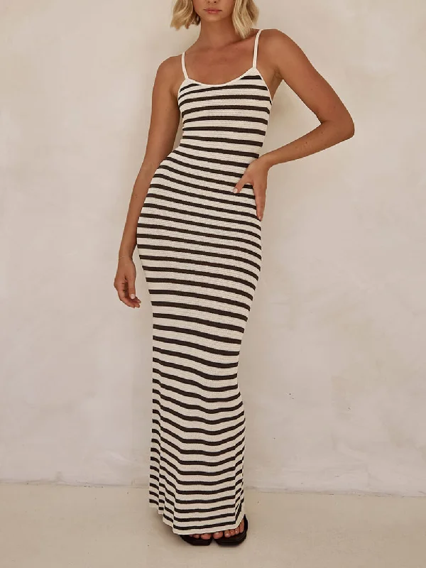 Unique Striped Patchwork Charming Knit Maxi Dress Classic Strapless Maxi Dress