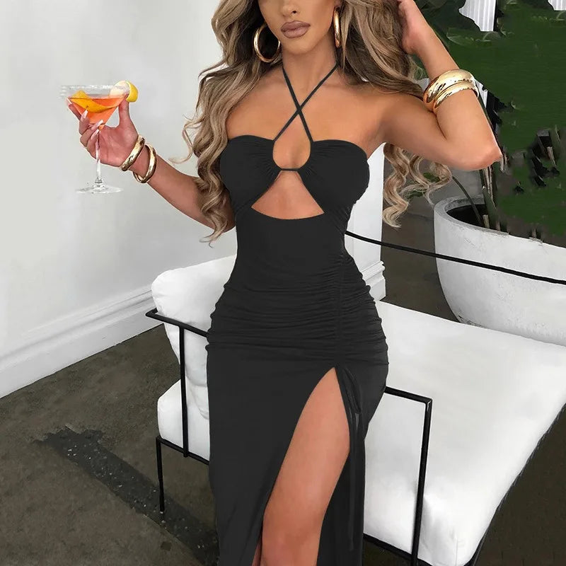Cross Strap Hollow-out Open Leg Maxi Dress Trendy A-Line Maxi Dress