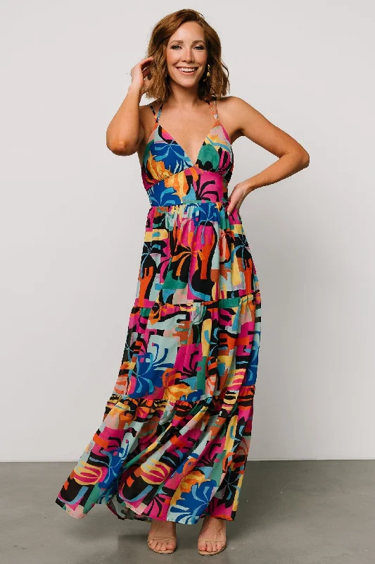 Crystal Maxi Dress | Black Multi Print Elegant Maxi Dress with Belt