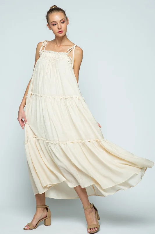 EGGSHELL SELF-TIE SPAGHETTI STRAP RUFFLED SWING MAXI DRESS MDR8421 Chic Summer Floral Maxi Dress