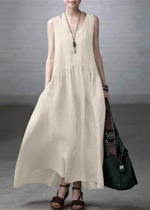 Elegant Beige V Neck Wrinkled Patchwork Cotton Mini Dress Sleeveless Comfortable Boho Mini Dress