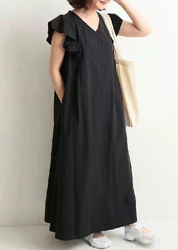 Elegant Black V Neck Patchwork Ruffled Cotton Maxi Dresses Summer Stylish Boho Chic Maxi Dress Elegant Black V Neck Patchwork Ruffled Cotton Maxi Dresses Summer Stylish Boho Chic Maxi Dress