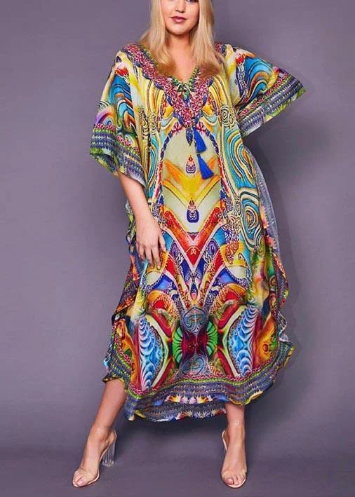 Fine Print tie Chiffon Loose kimono robe Maxi Dress Elegant Maxi Dress with Pockets