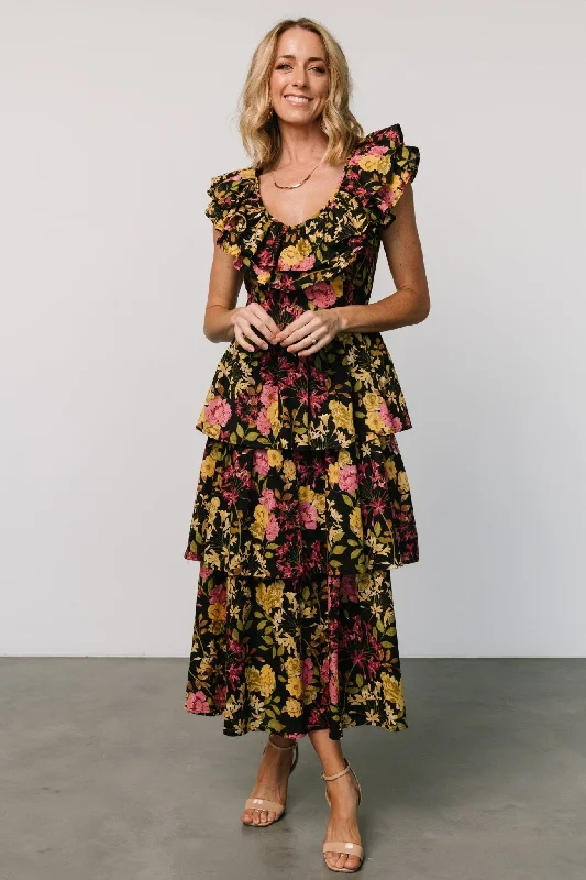 Francesca Tiered Maxi Dress | Black Floral Fashionable Asymmetrical Maxi Dress