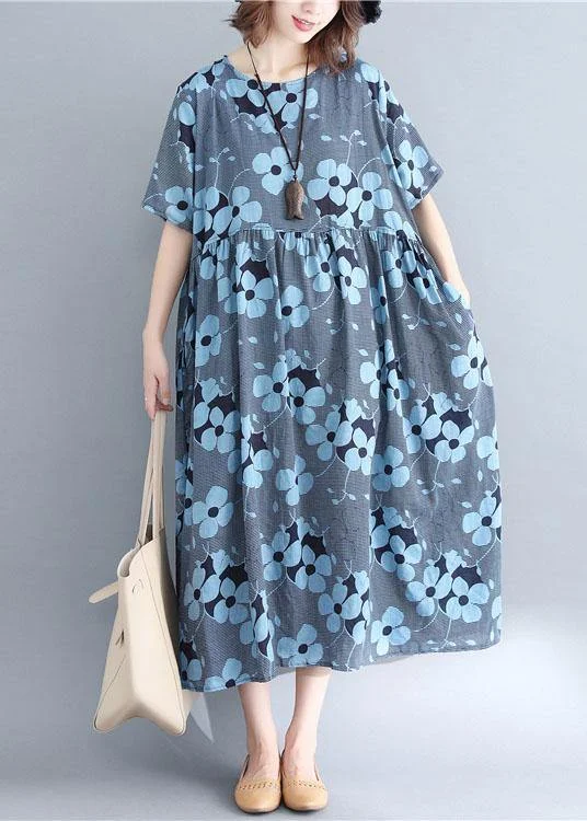 French blue print cotton linen clothes o neck Cinched Maxi Dresses Cozy Maxi Dress with Slit French blue print cotton linen clothes o neck Cinched Maxi Dresses Cozy Maxi Dress with Slit