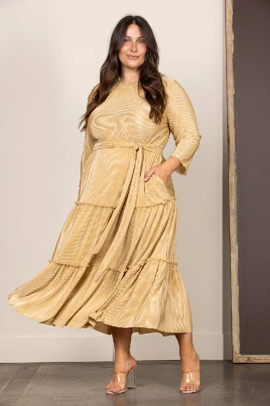 GOLD PLEATED SELF-TIE FRONT PLUS SIZE MAXI DRESS VL5846 Elegant Maxi Dress with Ruffles GOLD PLEATED SELF-TIE FRONT PLUS SIZE MAXI DRESS VL5846 Elegant Maxi Dress with Ruffles