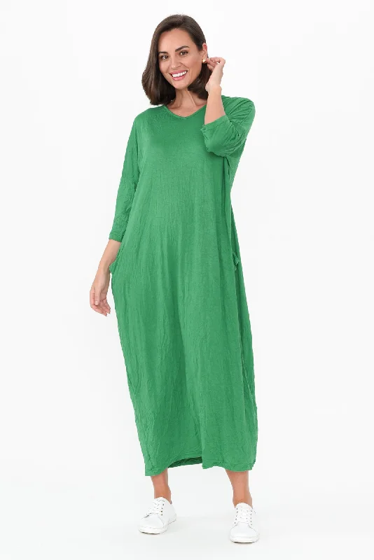Travel Green Crinkle Cotton Sleeved Maxi Dress Fashionable High-Waist Maxi Dress