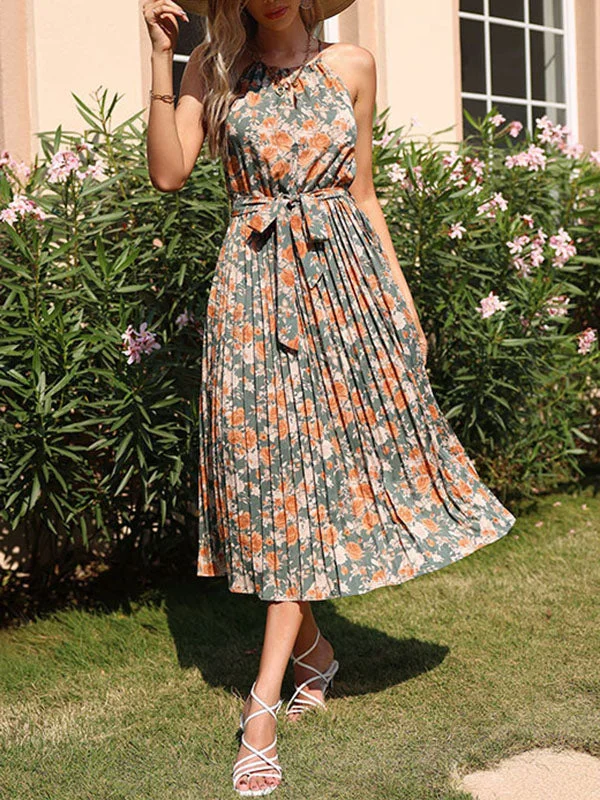 Halter Neck Floral Pleated Mini Dress Cozy Knitted Mini Dress