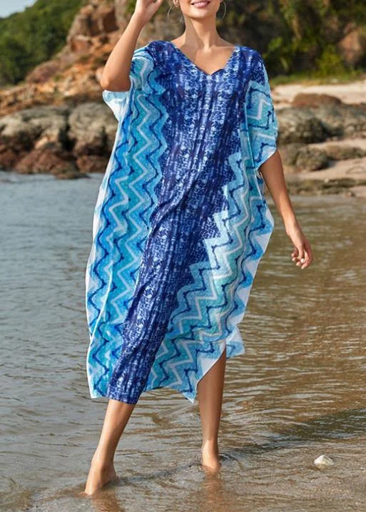 Handmade Blue Print V Neck Beach Gown Summer Maxi Dresses Trendy Printed Maxi Dress