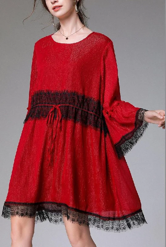 Handmade Red Patchwork Chiffon flare sleeve Summer Mini Dresses Stylish Ruffle Mini Dress Handmade Red Patchwork Chiffon flare sleeve Summer Mini Dresses Stylish Ruffle Mini Dress