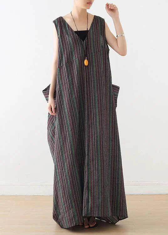 Handmade v neck cotton clothes linen striped Maxi Dresses summer Elegant Maxi Dress with Drapes
