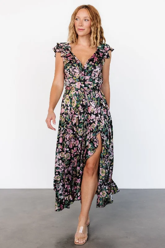 Harlow Satin Maxi Dress | Black Multi Comfortable Casual Maxi Dress