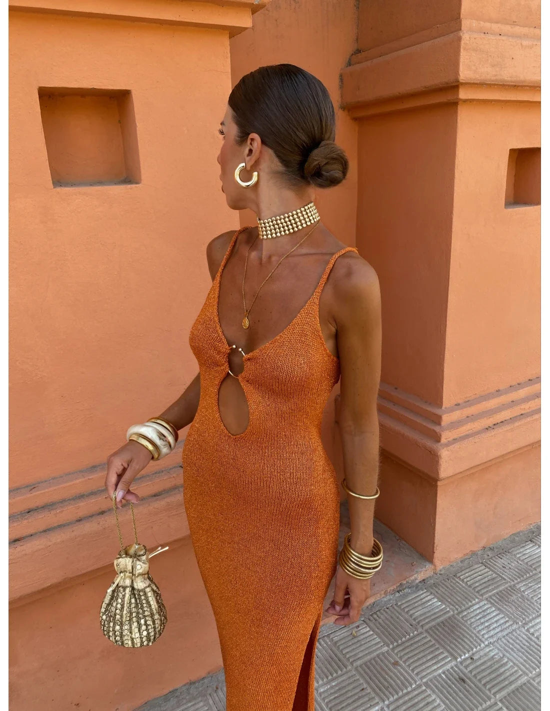 Hollow Out Backless Leg Slit Maxi Dress Comfortable Plunging Neckline Maxi Dress