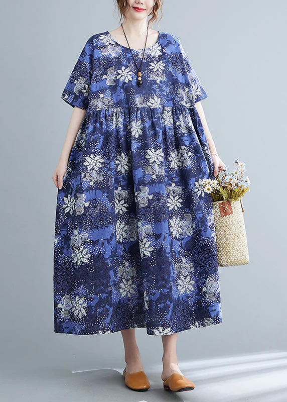 Italian Blue O-Neck Cinched Print Maxi Dresses Short Sleeve Chic Summer Floral Maxi Dress