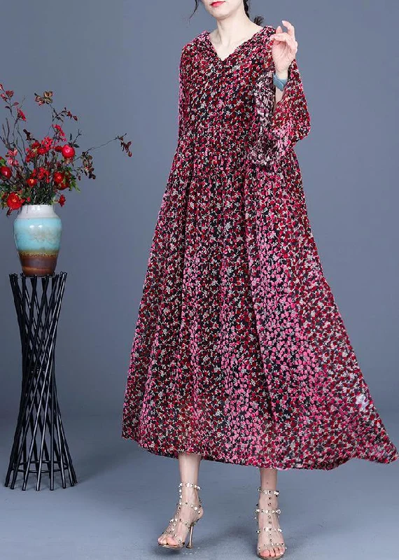 Italian Red Print flare sleeve Summer Silk Maxi Dresses Comfortable Flowy Maxi Dress Italian Red Print flare sleeve Summer Silk Maxi Dresses Comfortable Flowy Maxi Dress