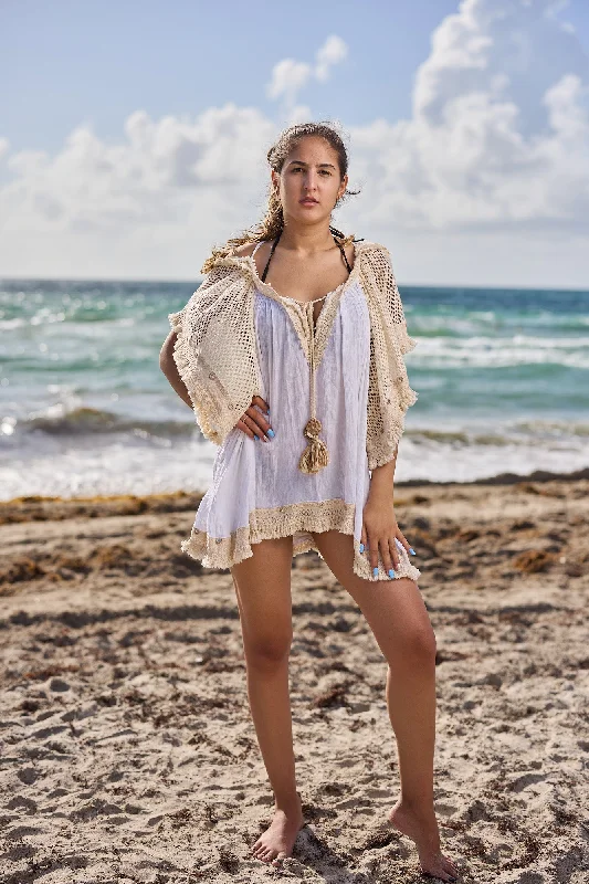 18-294 Ivory mini dress with Tassel Stylish Sweetheart Neck Mini Dress