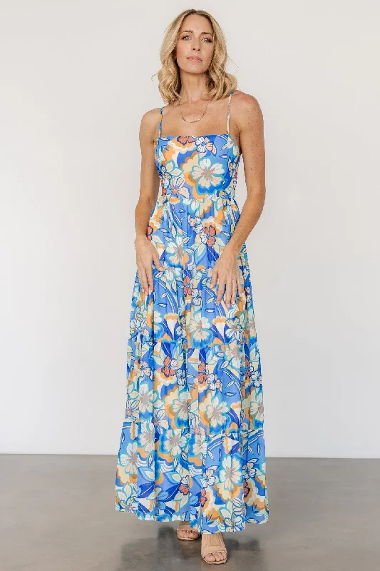 Jannica Tie Back Maxi Dress | Blue Multi Fashionable Halter Neck Maxi Dress