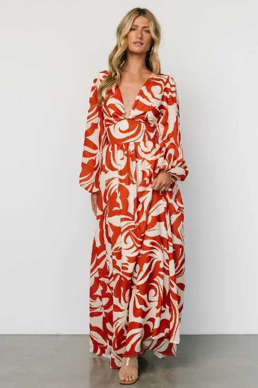 Jessica Maxi Dress | Cream + Rust Trendy Off-Shoulder Ruffle Maxi Dress