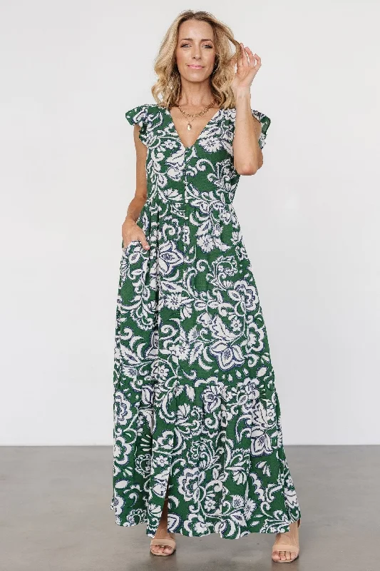 Kaia Button Maxi Dress | Green Print Elegant Velvet Maxi Dress
