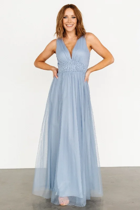 Kamila Tulle Maxi Dress | Whisper Blue Elegant Wraparound Maxi Dress