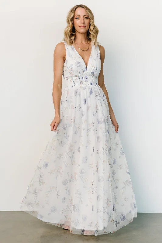 Kamila Tulle Maxi Dress | White Floral Comfortable Fit-and-Flare Maxi Dress