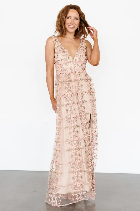 Kassia Applique Maxi Dress | Nude + Pink Trendy Floral Print Maxi Dress
