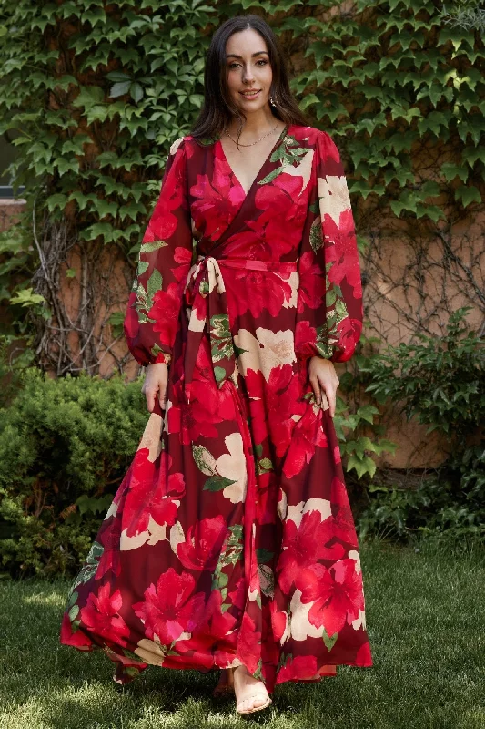 Katinka Wrap Maxi Dress | Burgundy Multi Floral Trendy Maxi Dress with Bow
