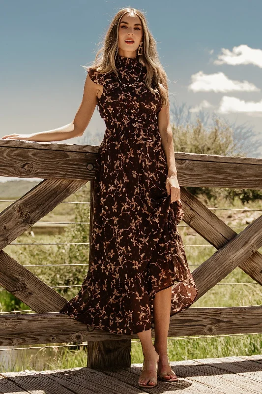 Kearny Ruffle Maxi Dress | Brown + Natural Cozy Maxi Dress with Slit