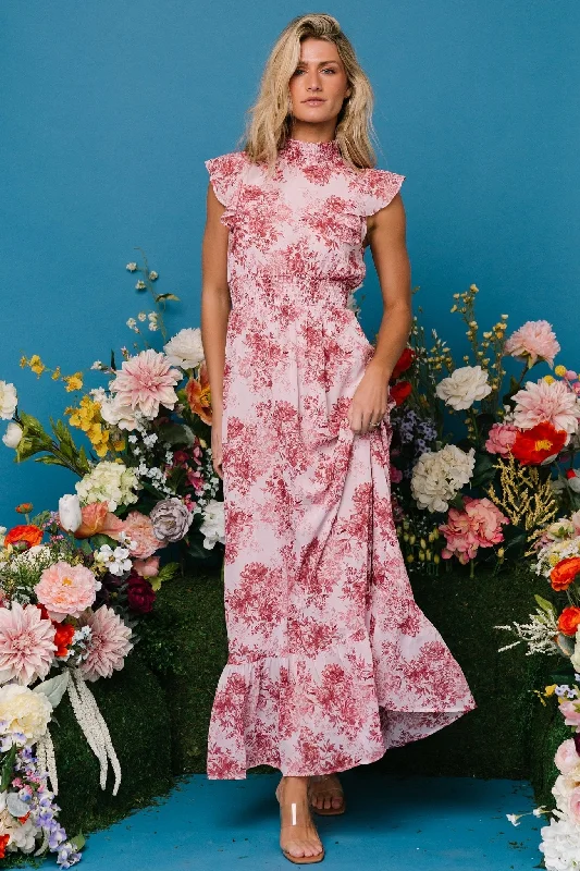 Kearny Ruffle Maxi Dress | Pink Floral Elegant Boho Maxi Dress