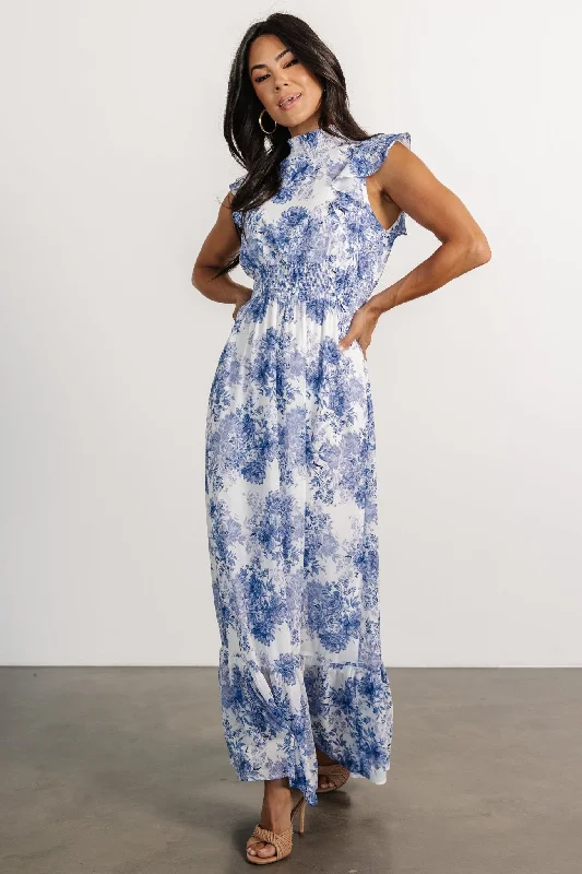 Kearny Ruffle Maxi Dress | White + Blue Floral Cozy Maxi Dress with Slit