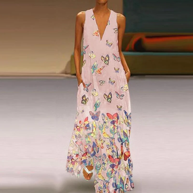 Laamei Summer Women Butterfly Print Long Dress Loose Pocket Beach Maxi Dress Bohemian Sexy V Neck Dress Femme Plus Size 5XL Comfortable Satin Maxi Dress Laamei Summer Women Butterfly Print Long Dress Loose Pocket Beach Maxi Dress Bohemian Sexy V Neck Dress Femme Plus Size 5XL Comfortable Satin Maxi Dress