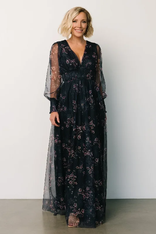 Layla Tulle Maxi Dress | Metallic Blue + Pink Fashionable Button-Down Maxi Dress