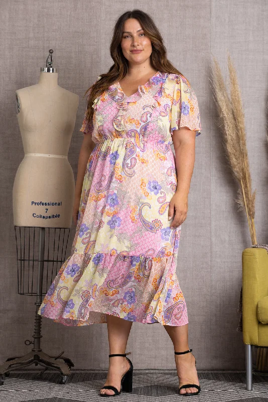 PINK PAISLEY PRINT RUFFLE SHORT SLEEVES PLUS SIZE MAXI DRESS-LD44068X- Fashionable Sheer Maxi Dress PINK PAISLEY PRINT RUFFLE SHORT SLEEVES PLUS SIZE MAXI DRESS-LD44068X- Fashionable Sheer Maxi Dress