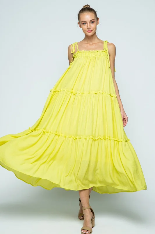 LEMON SELF-TIE SPAGHETTI STRAP RUFFLED SWING MAXI DRESS MDR8421 Cozy Ribbed Maxi Dress