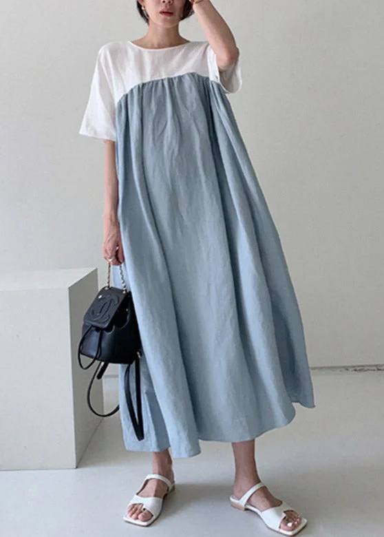 Loose Blue O-Neck Patchwork Maxi Dresses Summer Cozy Spaghetti Strap Maxi Dress