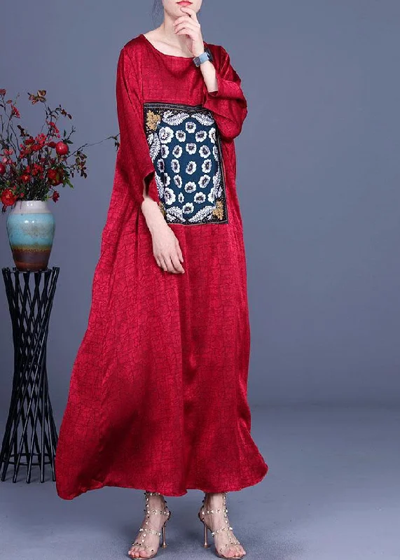Loose Red Patchwork Print Dress Loose Silk Summer Maxi Dress Stylish V-Neck Maxi Dress Loose Red Patchwork Print Dress Loose Silk Summer Maxi Dress Stylish V-Neck Maxi Dress