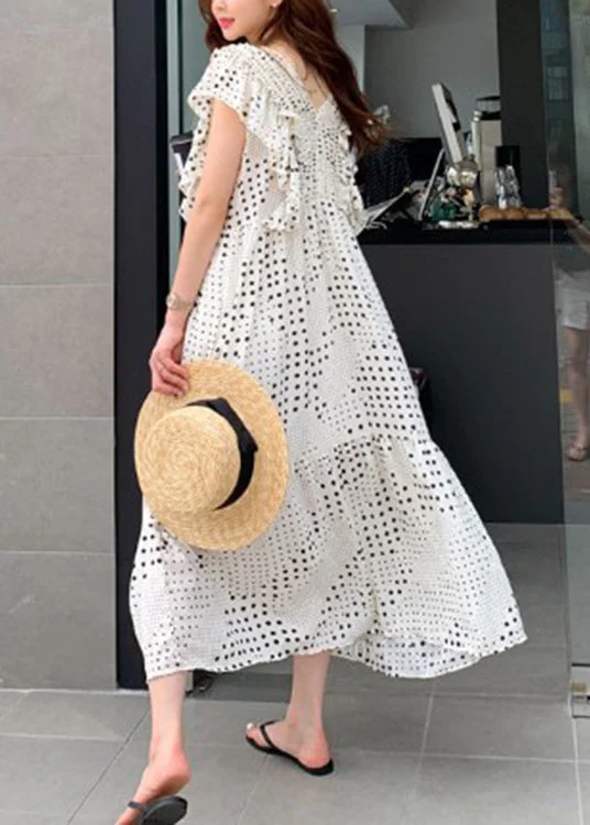 Loose White V Neck Asymmetrical Patchwork Wrinkled Dot Maxi Dress Short Sleeve Comfortable Maxi Dress with Slits Loose White V Neck Asymmetrical Patchwork Wrinkled Dot Maxi Dress Short Sleeve Comfortable Maxi Dress with Slits