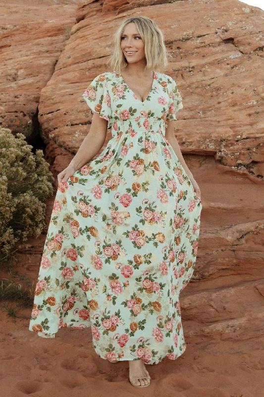 Lynlee Metallic Maxi Dress | Sage + Pink Stylish Long Sleeve Maxi Dress