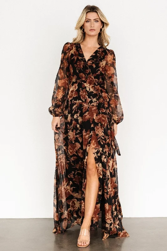 Maura Wrap Maxi Dress | Black Print Comfortable Fit-and-Flare Maxi Dress