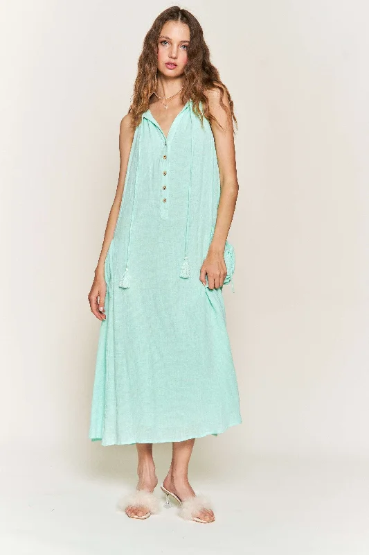 MINT LINEN TASSELED HALTER NECK MAXI DRESS D9645 Cozy Ruffle Sleeve Maxi Dress